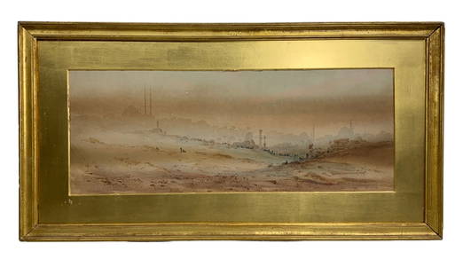 Augustus Osborne Lamplough (1877-1930) Watercolor Cairo and Citadel from the Desert: Augustus Osborne Lamplough (1877-1930) Watercolor Cairo and Citadel from the Desert. Sight size is approx. 8.5” by 22.5”. Frame size is 15” by 29”. Signed and dated lower