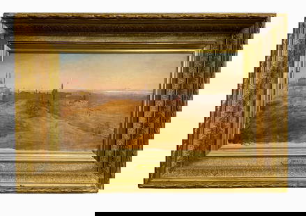 Attributed to Edwin Lord Weeks (1849-1903) Oil on Canvas Sketch of Giza: Attributed to Edwin Lord Weeks (1849-1903) Oil on Canvas Sketch of Giza. Sight size is 10” by 19”. Frame size is 17.75” by 26.5”. Unsigned. Re-lined and it has a small area of