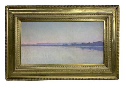 Eric Pape (1870-1938) Oil on Canvas Nile Landscape: Eric Pape (1870-1938) Oil on Canvas Nile Landscape. Sight size is 8.25” by 15.5”. Frame size is 13.5” by 20.5”. Estate stamp on backing board and frame. Unstretched canvas.