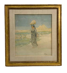 Henry Bacon (1839-1912) Watercolor of Egyptian Water Carrier: Henry Bacon (1839-1912) Watercolor of Egyptian Water Carrier. Sight size is approx. 14” by 12”. Frame size is 20.75” by 19.25”. Signed lower right. In very good condition.