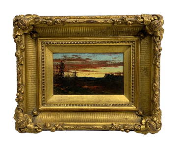 Unsigned 19th Century American School Oil on Board Sunset Landscape.: Unsigned 19th Century American School Oil on Board Sunset Landscape. Sight size is approx. 4” by 6”. Frame size is approx. 8.5” by 10.75”. In good condition.