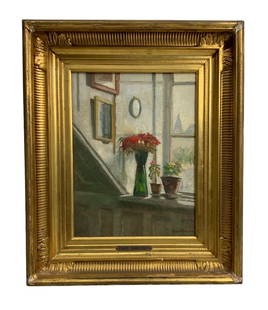 Eiler Sorensen (1869 - 1953) Oil on Canvas Laid on to Board of Still Life with Flowers.: Eiler Sorensen (1869 - 1953) Oil on Canvas Laid on to Board of Still Life with Flowers. Sight size is approx. 11” by 8.25”. Frame size is approx. 15.5” by 13”. Signed lower