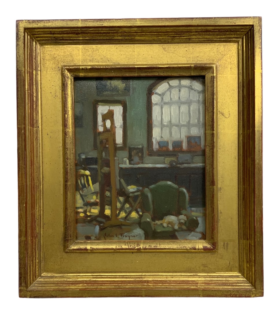 John C Traynor (1961- ) Oil on Canvas North Light Artist Studio with Guido Studio Frame.: John C Traynor (1961- ) Oil on Canvas North Light Artist Studio with Guido Studio Frame. Sight size is 10” by 8”. Frame size is 15.5” by 13.5”. Signed lower left. In very good
