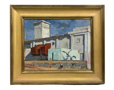 Jeff Weaver Gloucester MA Artist Oil Painting Gloucester Bird’s Eye Building Factory.