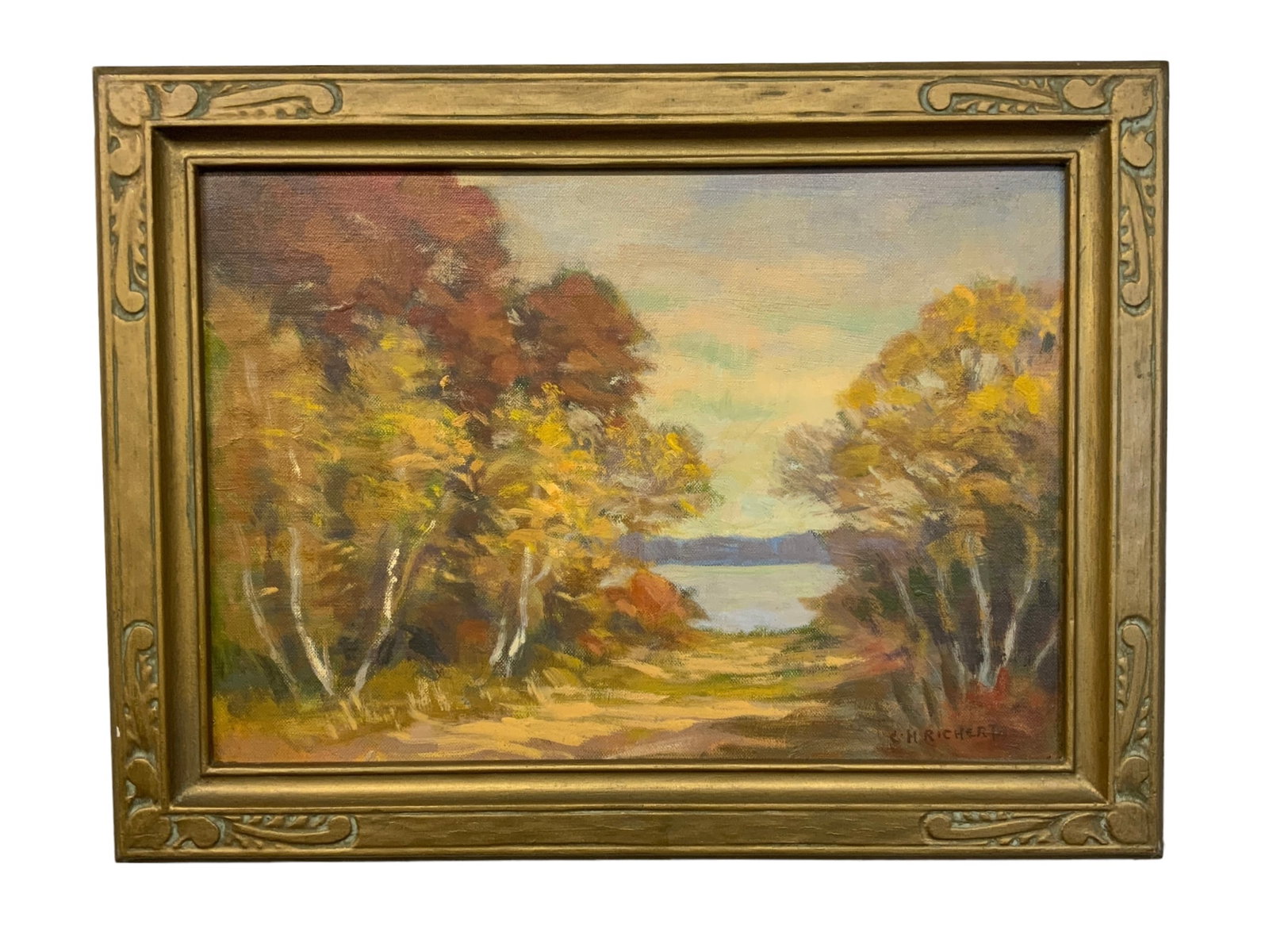 Charles Henry Richert (1880-1974) Oil on Board Landscape with Lake in Original Carved Frame (1 of 4)