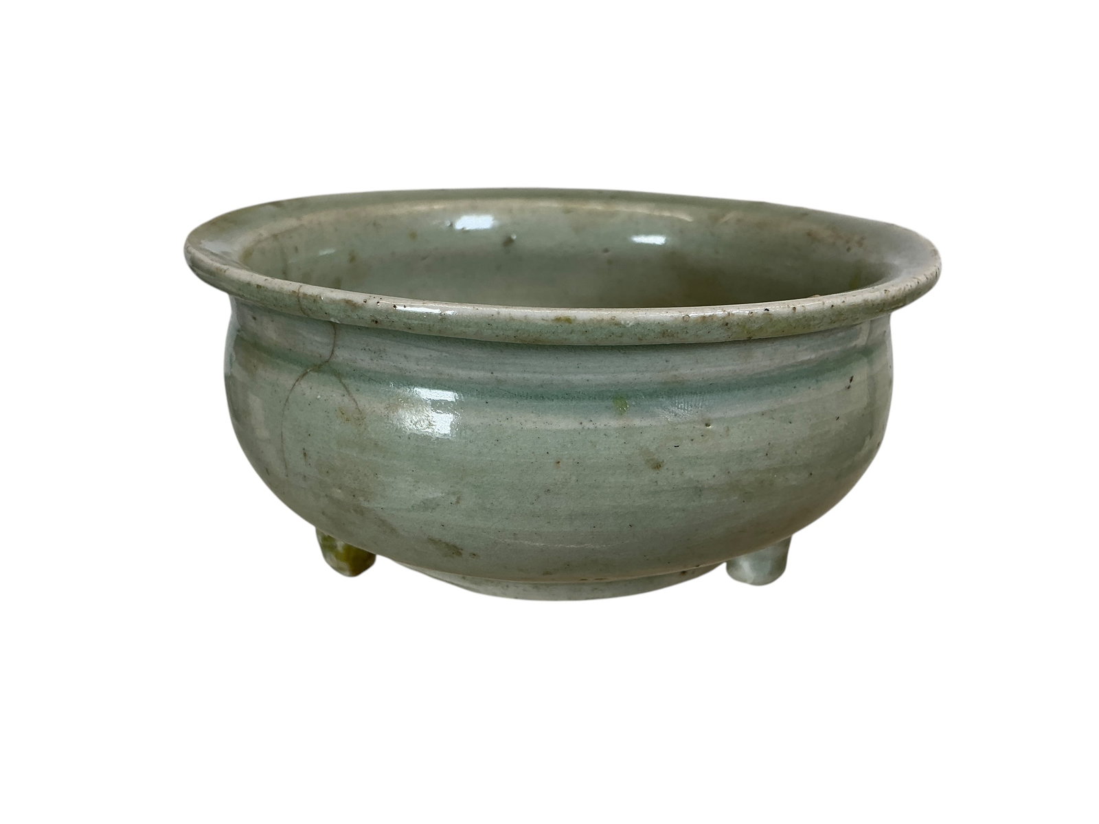 Antique 19th Century or Earlier Chinese Longquan Celadon Tripod Foot Censer.: Antique 19th Century or Earlier Chinese Longquan Celadon Tripod Foot Censer. In fair condition with two repaired feet, a repair on the rim and a hairline crack. It is approx. 5.25” in diameter a