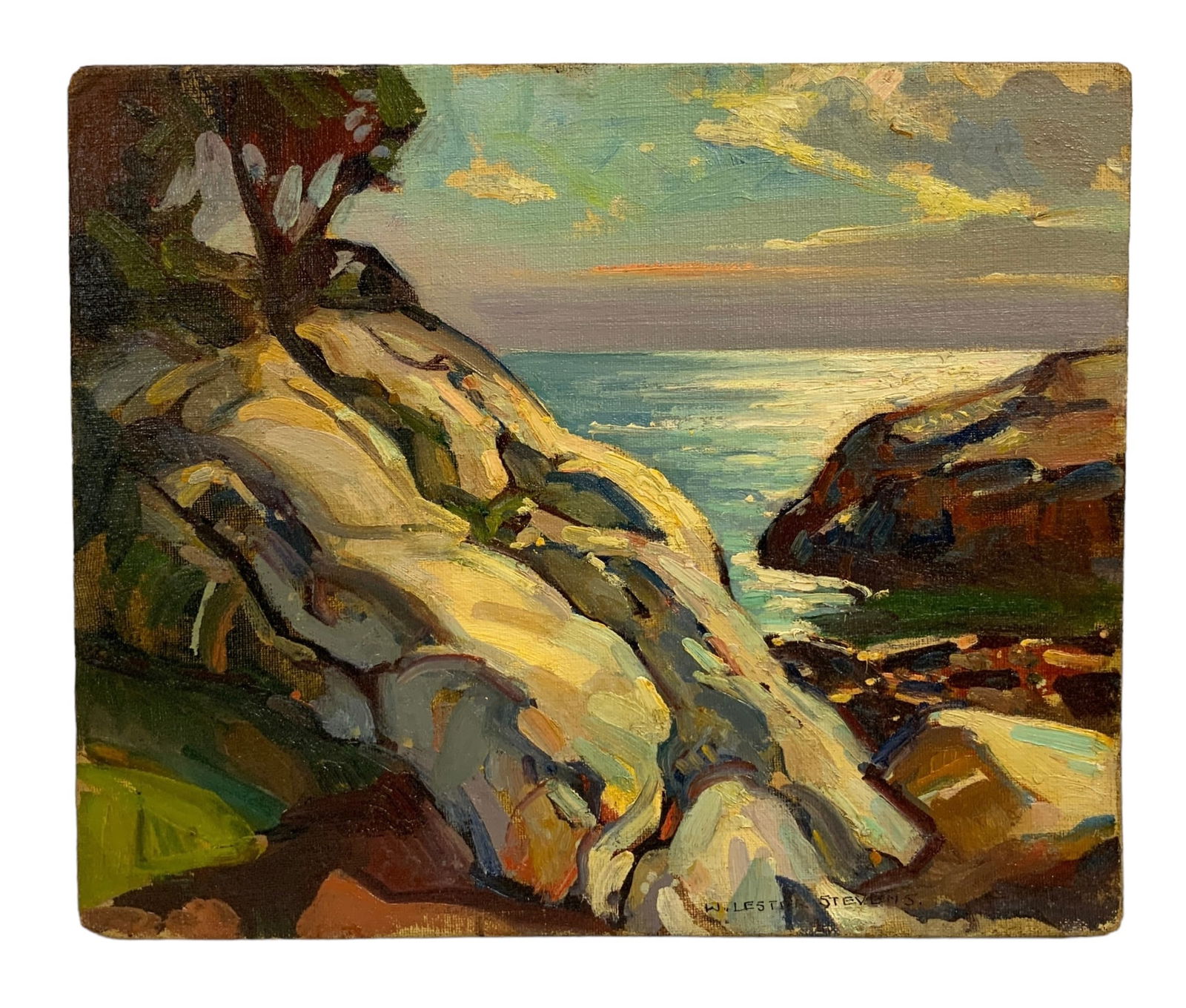 William Lester Stevens (1888-1969) Oil on Board Rocky Shoreline.: William Lester Stevens (1888-1969) Oil on Board Rocky Shoreline. Unframed. It is approx. 15” by 18”. Signed lower right. In very good condition. All shipping and packing costs will be paid