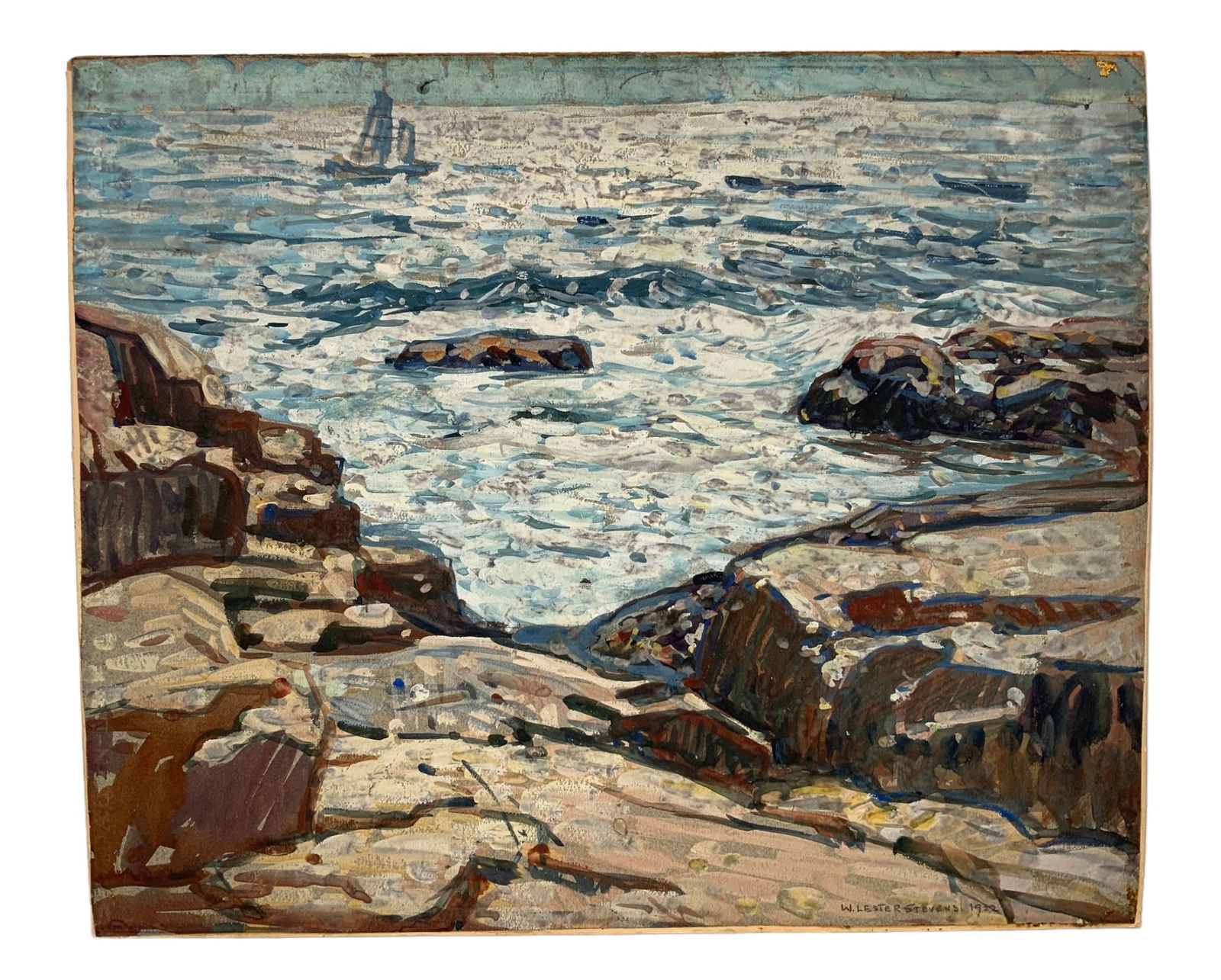 William Lester Stevens (1888-1969) Gouache on Paper Laid on to Board Shore with Boats 1922: William Lester Stevens (1888-1969) Gouache on Paper Laid on to Board Shore with Boats 1922. The size is approx. 14.5” by 17.25”. Signed and dated lower right. In fair condition it is glued