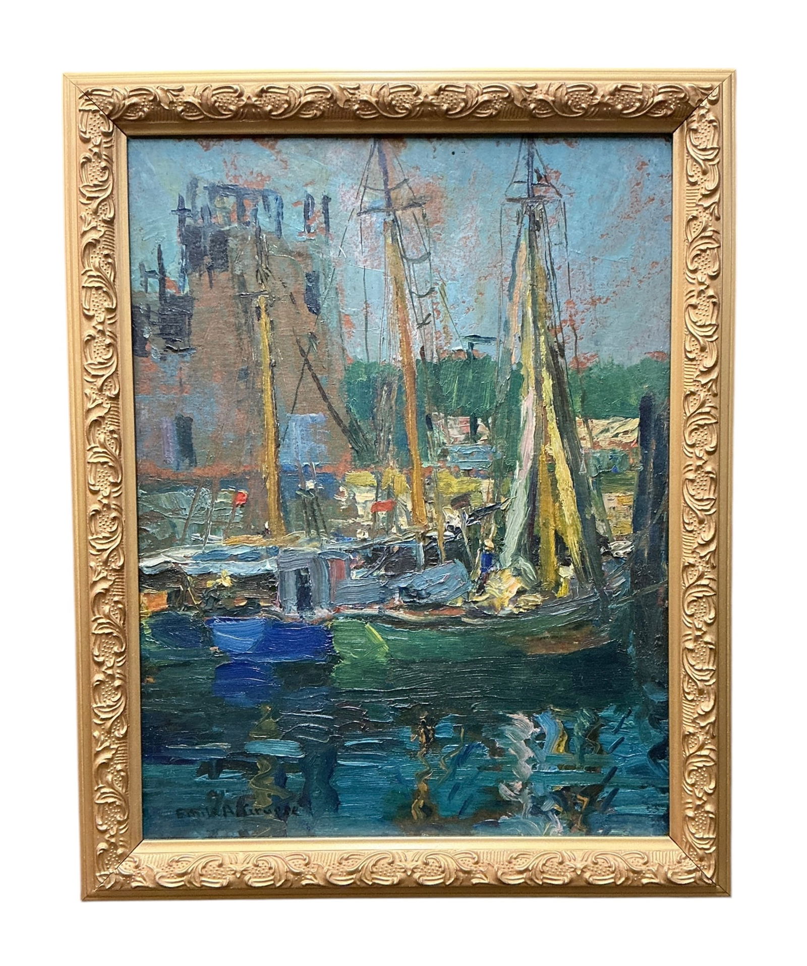 Emile Gruppe (1896-1978) Oil on Board of Sailboats at Dock. (1 of 5)