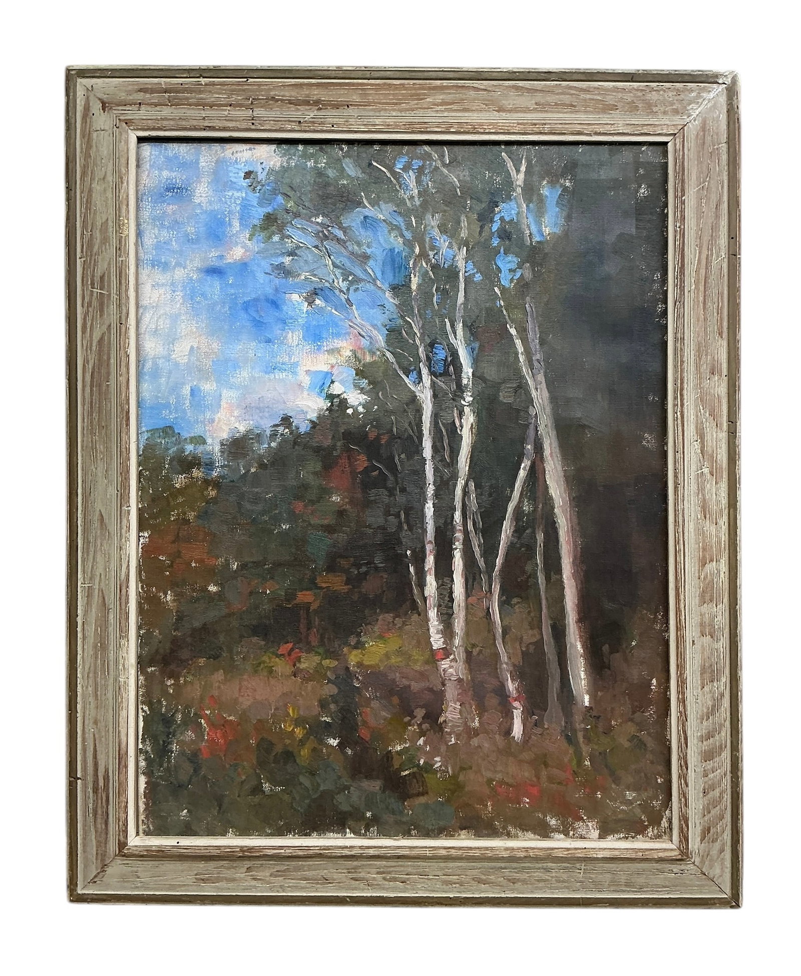 Antique Oil on Canvas Impressionist Landscape with Birches Unsigned with New Jersey Label on Verso: Antique Oil on Canvas Impressionist Landscape with Birches Unsigned with New Jersey Label on Verso. In very good condition. Sight size is approx. 29.25” by 22.75” and frame size is approx.