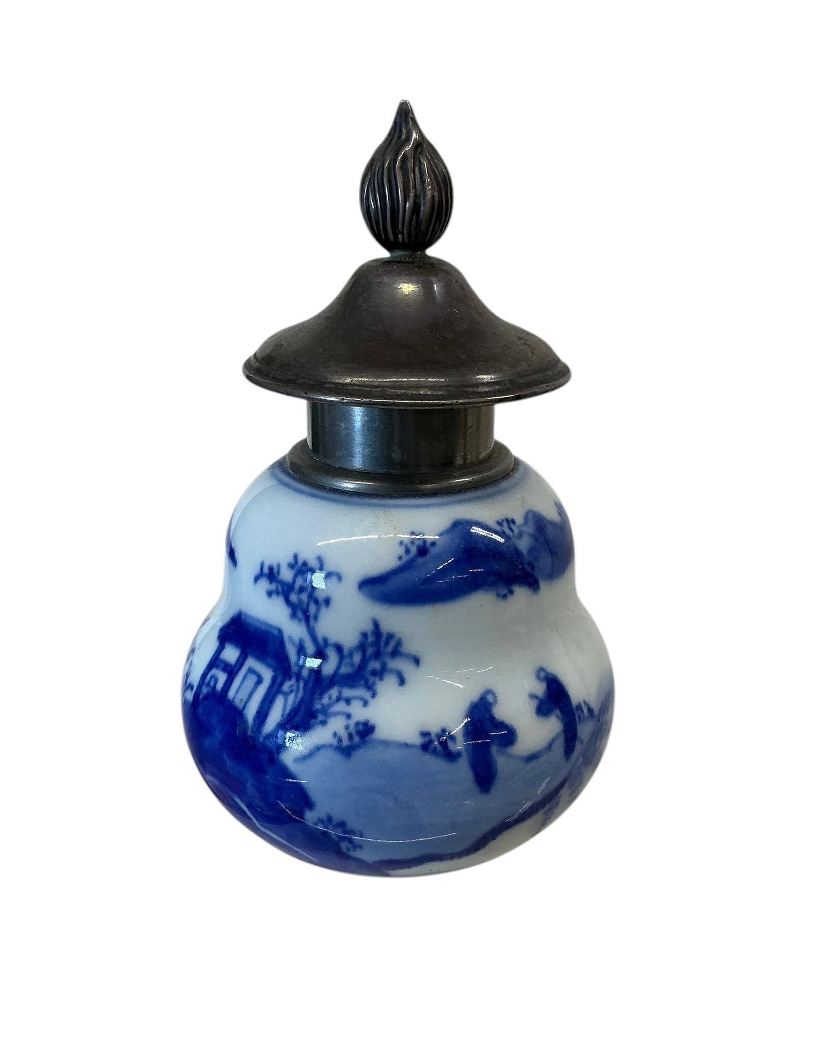 Antique 18/19th Century Chinese Blue and White Porcelain Tea Caddy with Silver Plate Cover (1 of 4)
