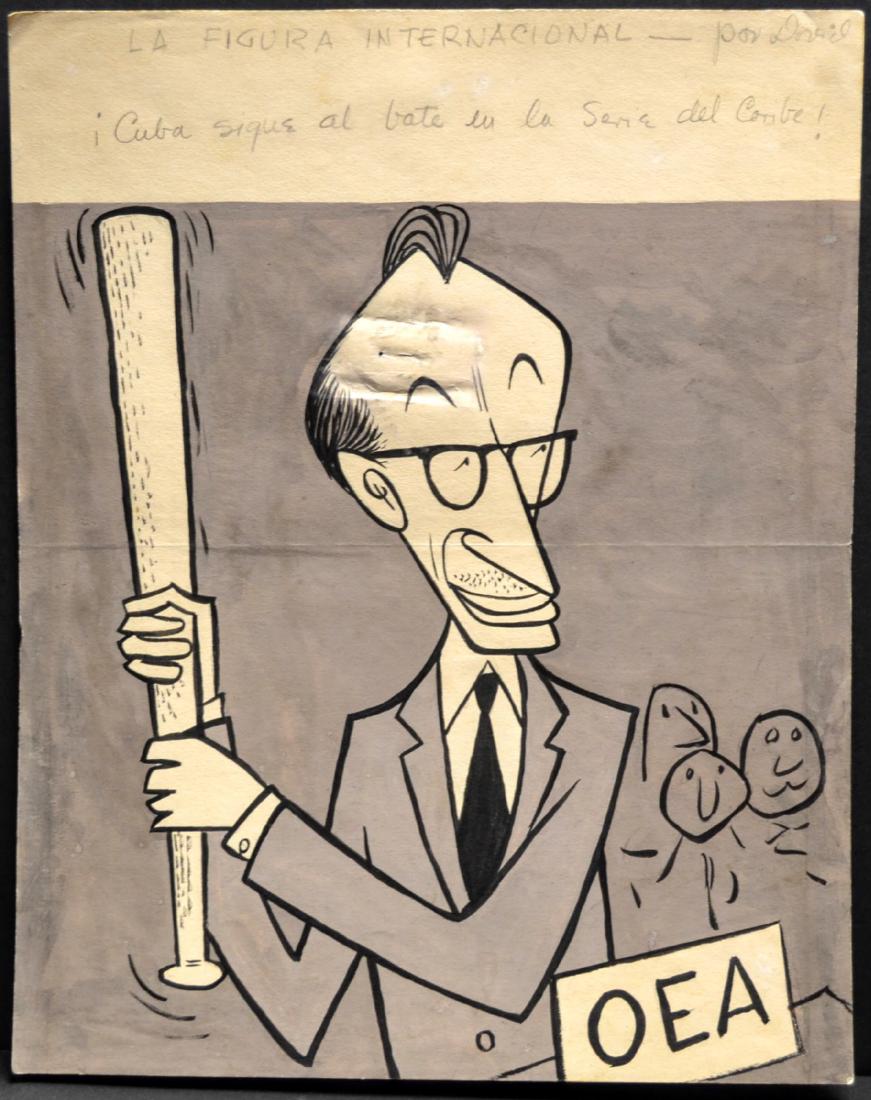 Juan David (b. 1911 - 1981), Cuban Art: Title "La figura internacional", Ink and tempera on cardboard, ¡Cuba sigue al bate en la Serie del Caribe!, measures 14" x 11"
