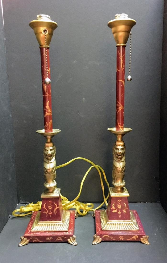 Pair of Frederick Cooper Lamps: Pair of Frederick Cooper Red Marble Like and Bronze Collumn Center Lamps ,Lion Motiz ,Measures