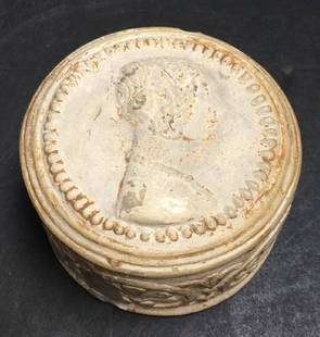 Antique Manifattura Di Signa Italian covered box with: Antique Manifattura Di Signa Italian covered terra cotta rare box stamped E.F., measures 1 1/8 x3" D.