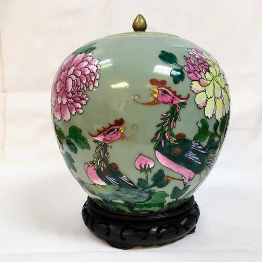 Antique Chinese Famille Rose Porcelain Green Ginger Jar