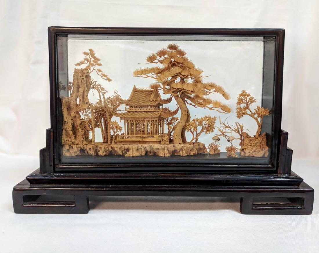 Chinese Diorama Cased Cork Landscape Carving w/Custom (1 of 2)