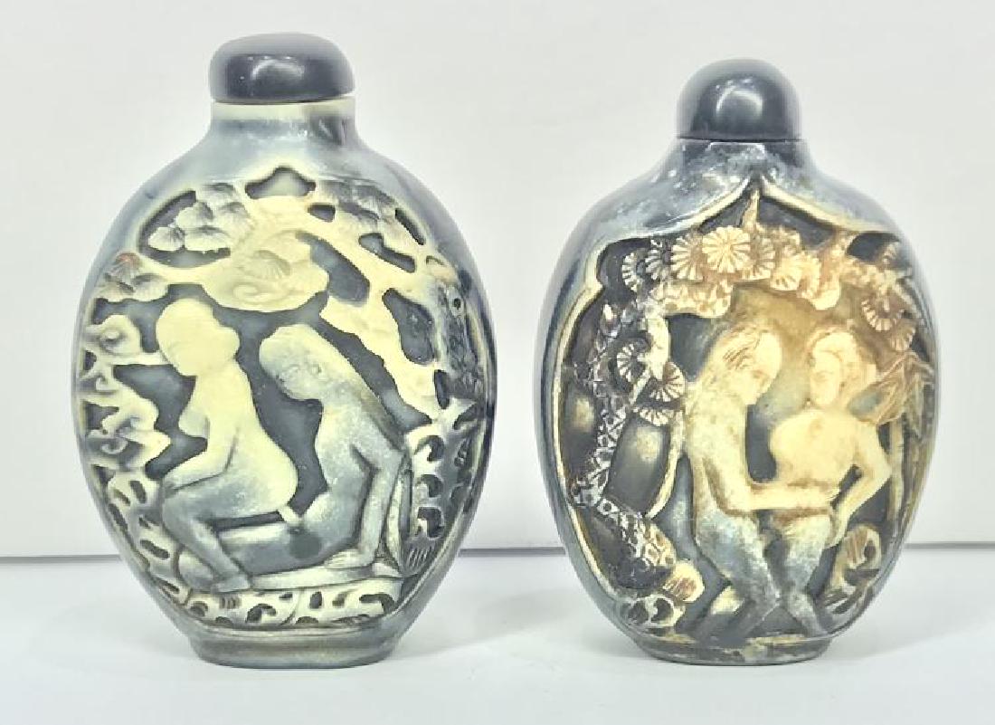 TWO ANTIQUE ETCHED RELIEF BONE EROTIC CHINESE SNUFF: Antique Etched Relief Bone Erotic Chinese Snuff Bottle Measures:1.3/4x1x2.3/4" (Each)