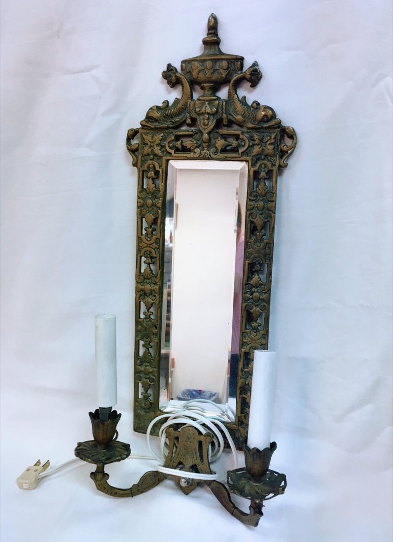 GORGEOUS VINTAGE GILT BRONZE BEVELED MIRROR CANDLE (1 of 4)