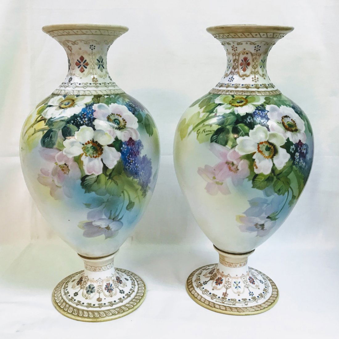 ANTIQUE Pair NIPPON VASE Hand Painted Flowers With Gold (1 of 6)