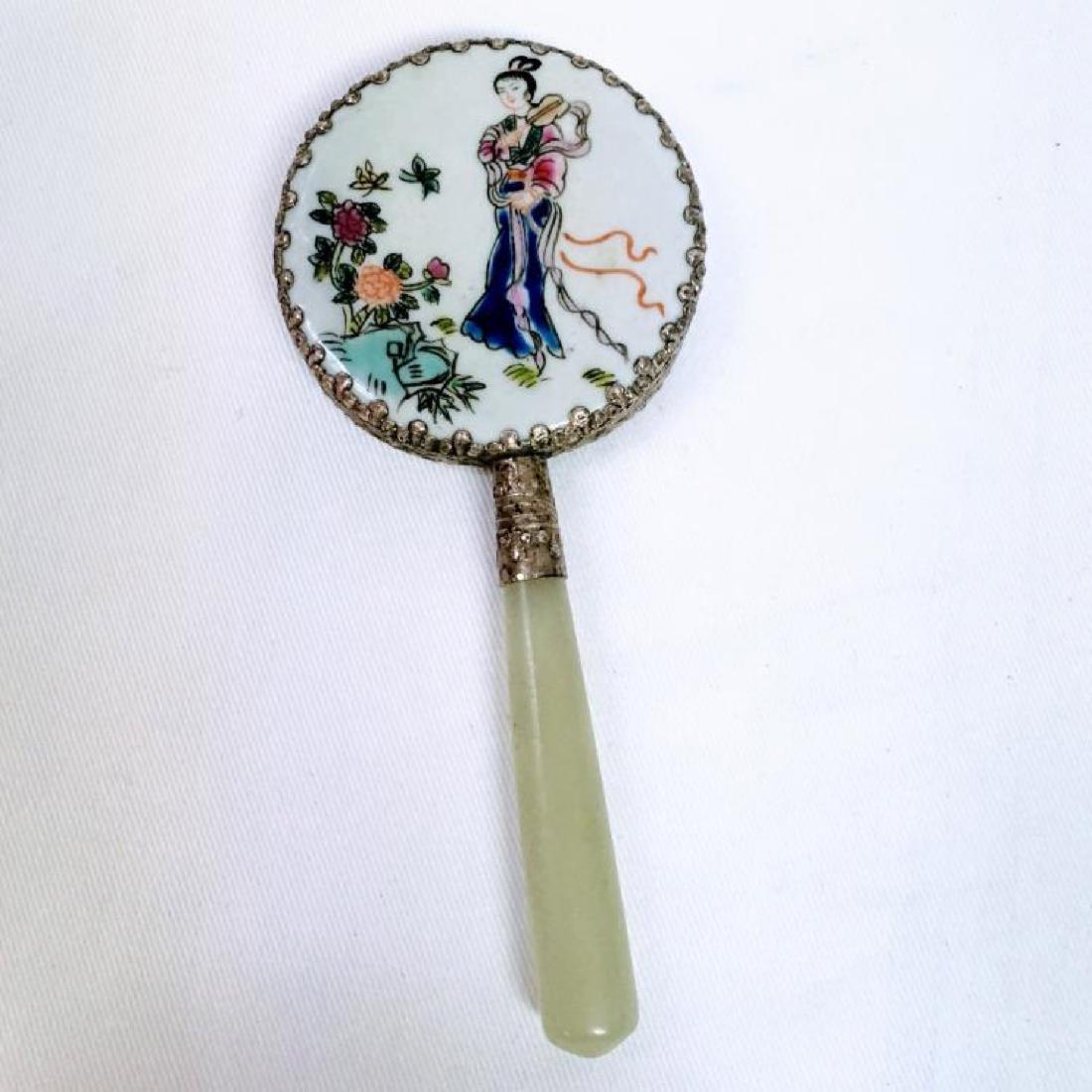 ANTIQUE CHINESE FAMILLE ROSE PORCELAIN JADE HAND MIRROR (1 of 4)