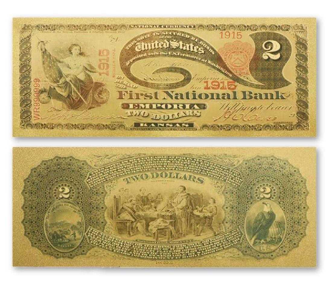 1915 USA $2 24K Gold Clad Banknote: 1915 Unites States of America 2 Dollars 24K Gold Clad Banknote. Unique design. Non-currency banknote.