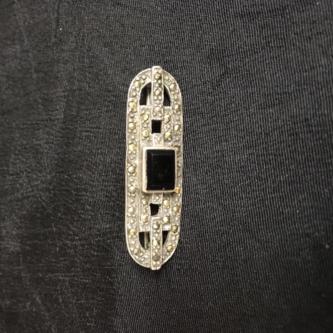 Art Deco Sterling Silver Bar Brooch / Pin, W/: Sterling Silver, Marcasite, & Onyx