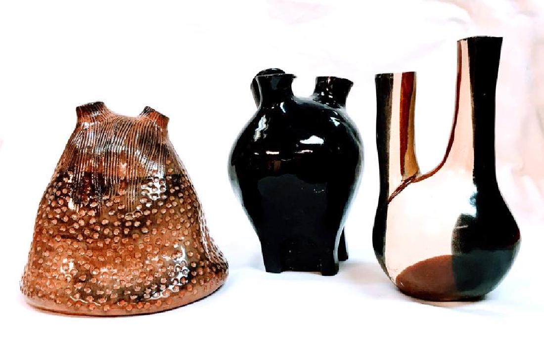 Set of three ceramic mid century vases, one is signed (1 of 4)