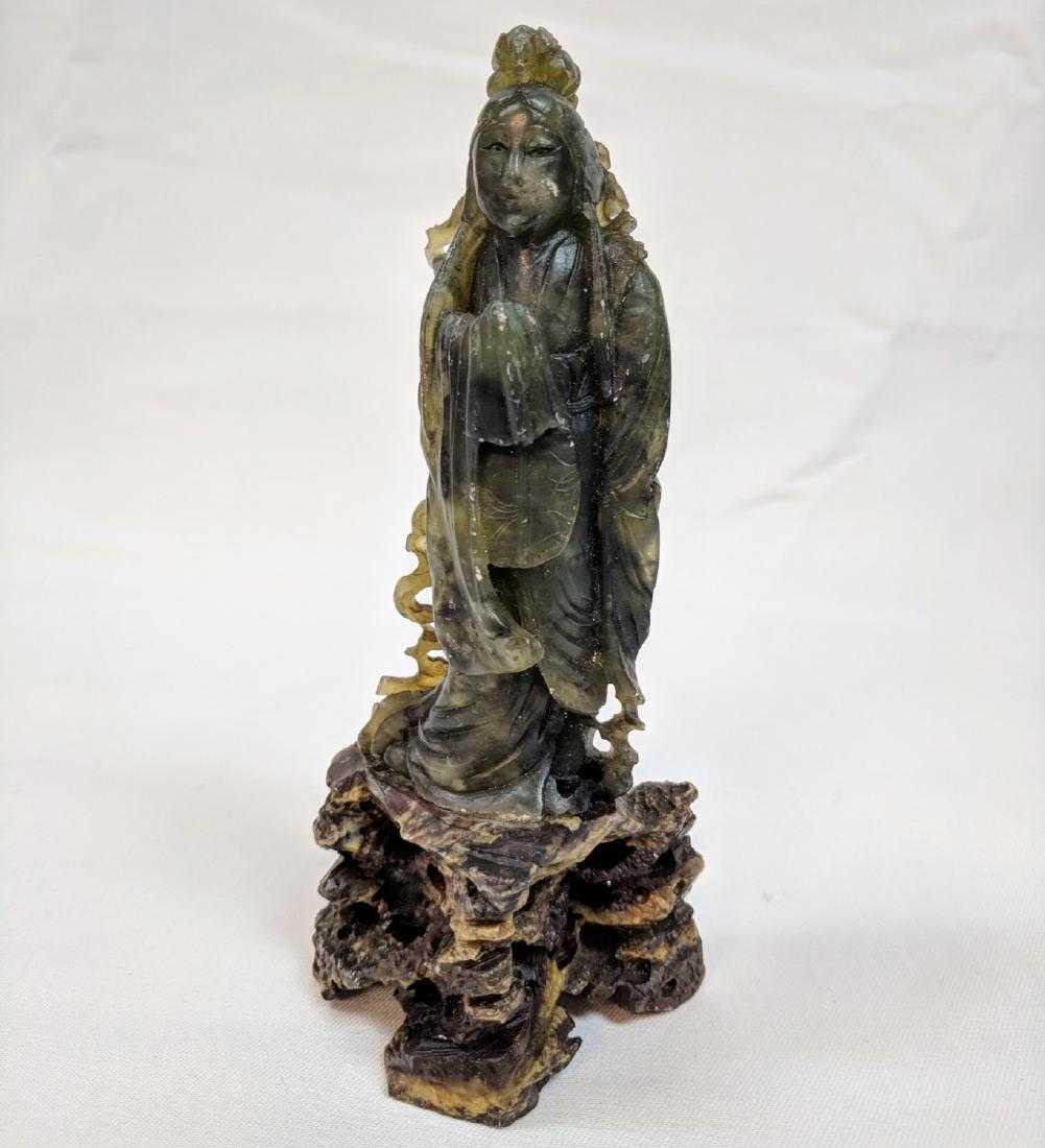 Antique chinese soapstone Buddha on base: Antique chinese soapstone Buddha on base. Measures 7,5" high.