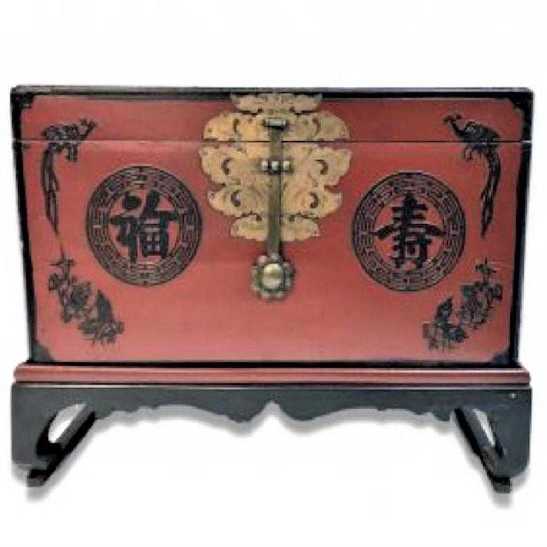 Antique Wooden Red Lacquered Chinese Trunk Lock Storage (1 of 5)