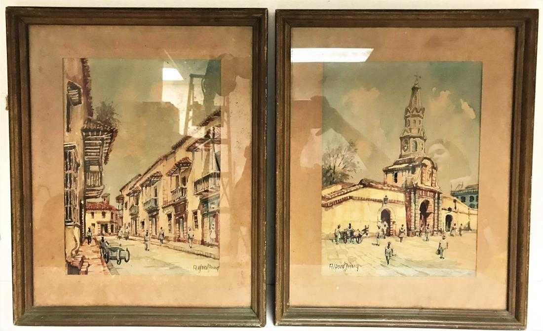 Vintage pair watercolor signed Alfred ? (1 of 7)