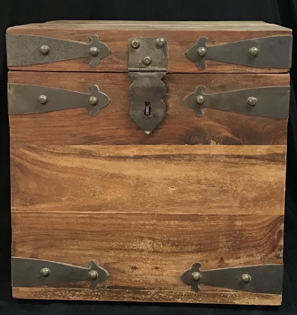 vintage American teak and bronze trunk: vintage American teak and bronze trunk, Measures 15" x 15" x 15"