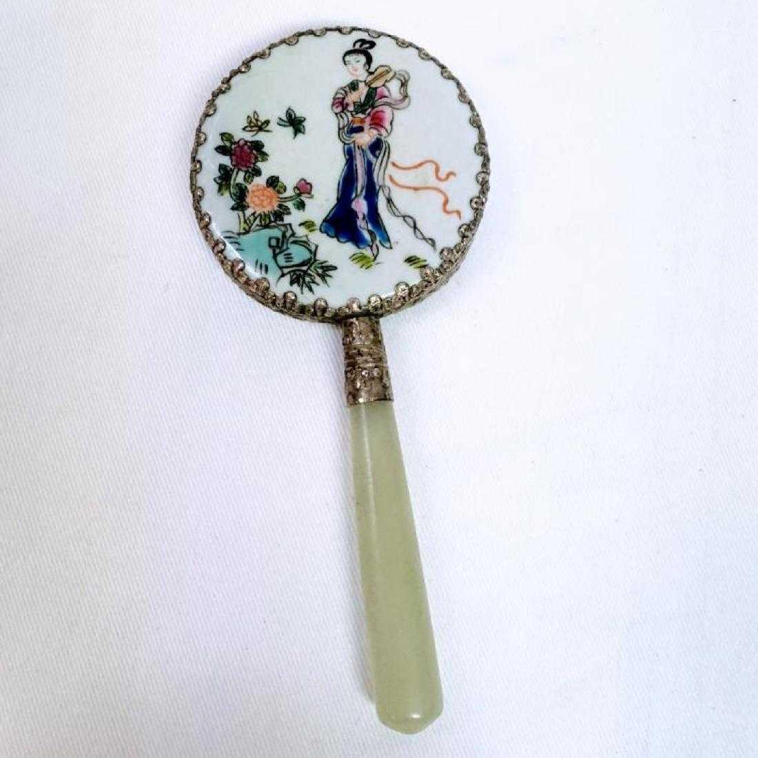 ANTIQUE CHINESE FAMILLE ROSE PORCELAIN JADE HAND MIRROR (1 of 4)