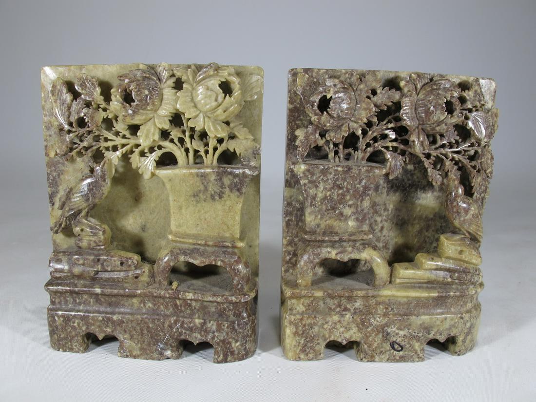 Chinese pair of hand carved soapstone plaques, used: Chinese pair of hand carved soapstone plaques, used like a bookstands. 5 5/8” H x 4 1/4” W x 1 3/8” D.