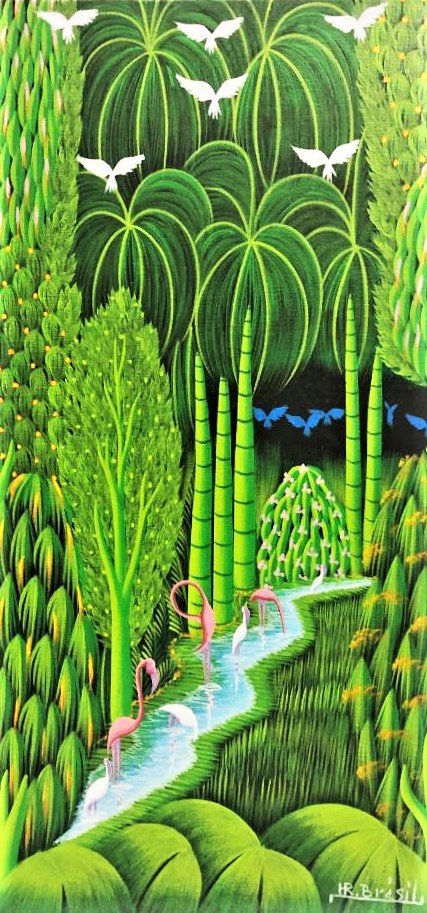 Henri-Robert Bresil, Haitian (1952-1999): HENRI ROBERT BRESIL HAITIAN PAINTING Oil on Canvas Signed ,measures 24 x 12 inches