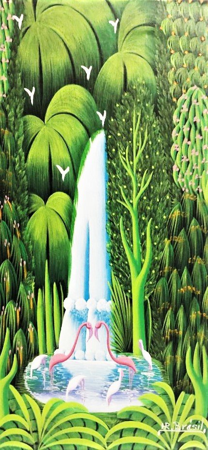 Henri-Robert Bresil, Haitian (1952-1999): HENRI ROBERT BRESIL HAITIAN PAINTING Oil on Canvas Signed ,measures 24 x 12 inhes