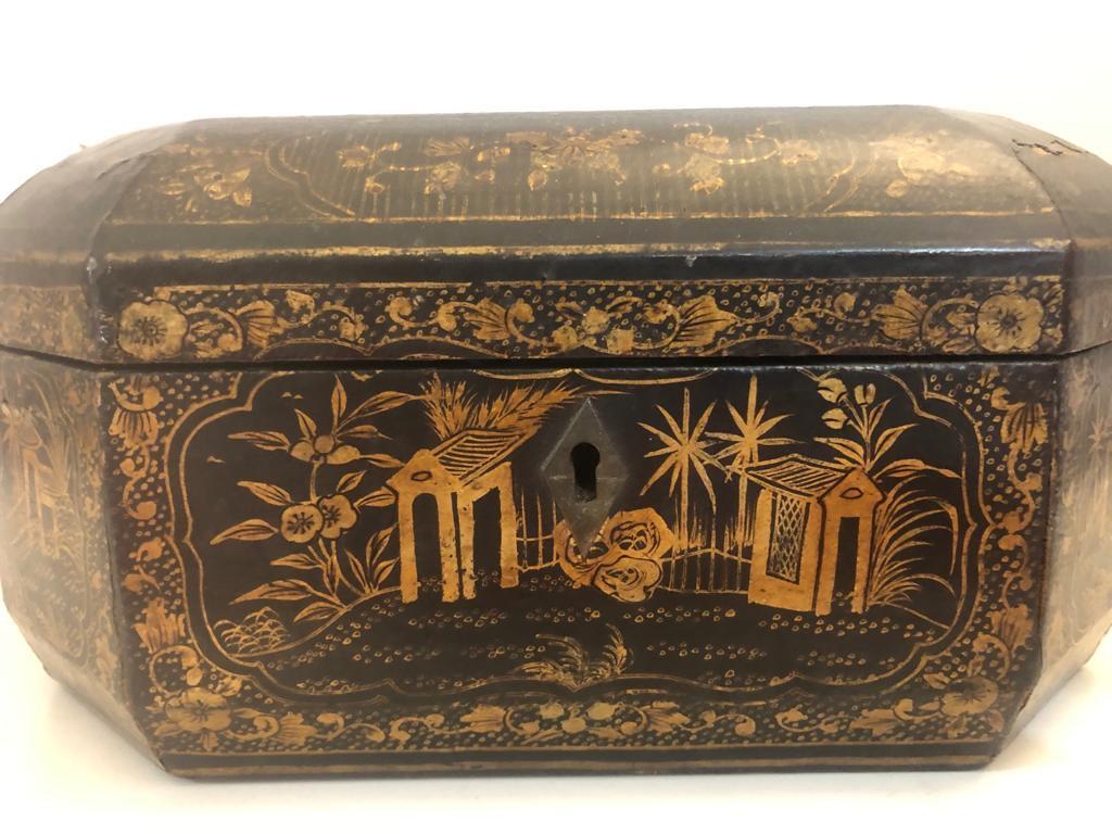 Mid 19th-century Chinese antique wood lacquered box or: Large 19th Century Antique Chinese Gilded Lacquered Wooden Chinoiserie Table Box / Casket, Hand Painted Decorations c.1850 measures 9L X 6 W X 4.5 H