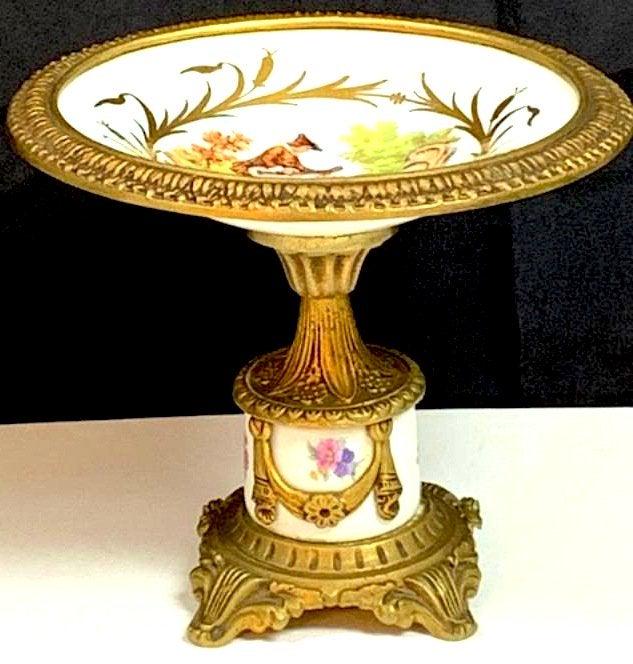 Gorgeous Vintage French Victorian Sevres Style: Gorgeous Vintage French Victorian Sevres Style Ormolu Gilt Bronze/Brass Mounted Fine Porcelain Hand Painted Footed Pedestal Bowl Compote measures 10" inches
