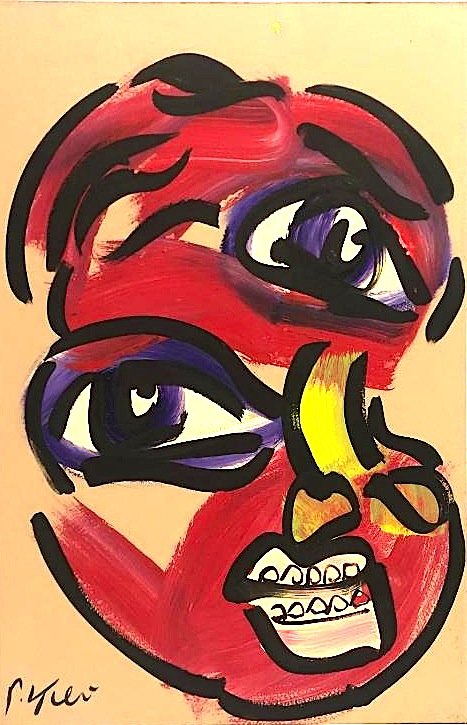 Peter Robert Keil (German, American, born1942): Peter Robert Keil (German, American, born1942) ,abstract face oil painting on board. Signed measures 24"in H x 16"in W