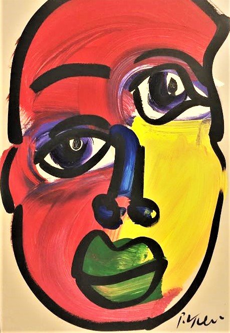 Peter Robert Keil (German, American, born1942): Peter Robert Keil (German, American, born1942) ,abstract face oil painting on board. Signed measures 24"in H x 16"in W