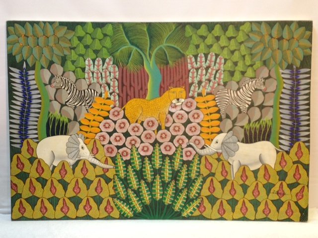 Jungle Painting (Jackson Etienne): Haitian school, signed Jackson Etienne. Oil on canvas, 36"x24"