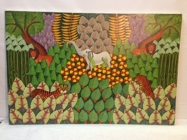 Jungle Painting (Jackson Etienne): Haitian school, signed Jackson Etienne. Oil on canvas, 36"x24"