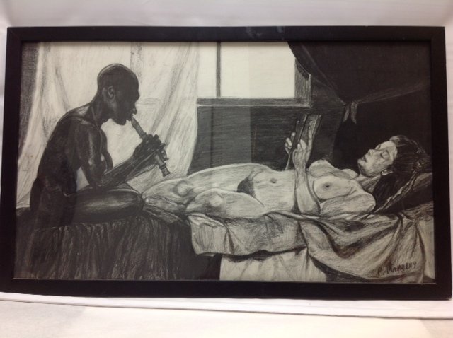 "Charminc Her" Charcoal painting: Charcoal on cardboard painting, signed Patrick Manning, titled "Charminc Her". 30.5"x18"