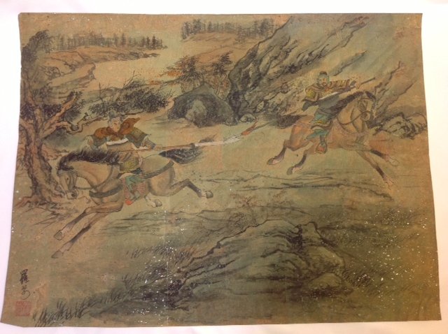 Chinese Painting on Cork Paper: Features men dueling with spears on horseback. Watercolor on gouache on cork paper, inscribed and with a red shop mark on bottom left hand corner. 18.5"x24.5"
