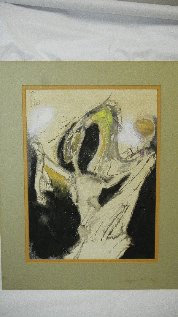 Watercolor attributed to the 1960's or 70's, signature : An intriguing water color piece depicting a witch, with likely poisoned apple in her hand. An interesting contrast of the realistically painted apple and the ominous looking witch. Titled, "A Witch",