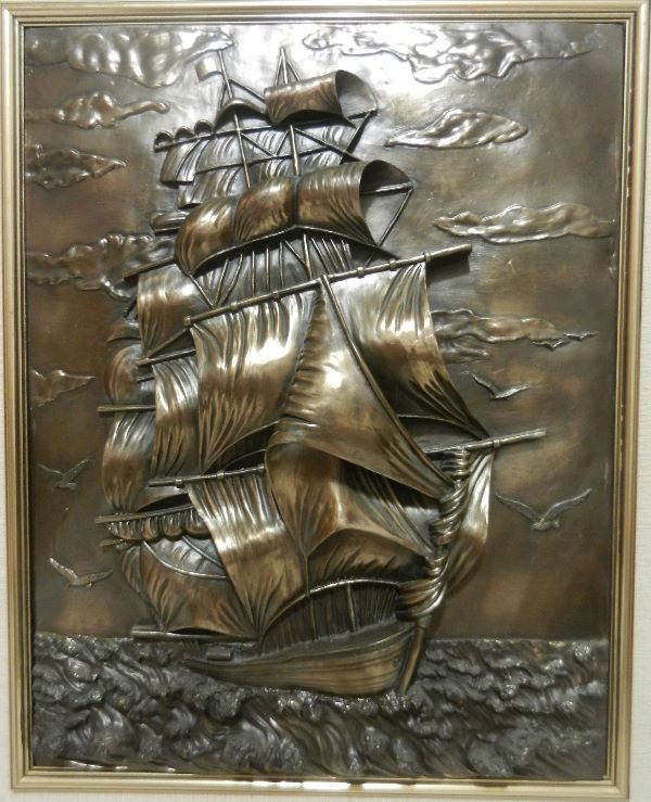 Vintage bronze 3-d framed sailing ship: framed bronze sailing ship, 33" x 38"
