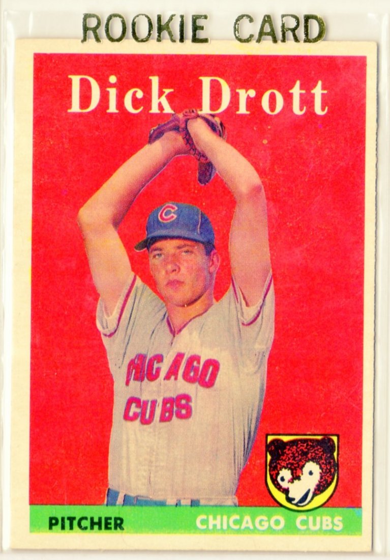 1958 Dick Drott Topps #80 Pitcher Cubs Rookie Card: 1958 Dick Drott Topps #80 Pitcher Cubs Rookie Card - Colors nice some wear to card face centered to r but not severe Back printing good corners great for age small printing blemish R upper red area