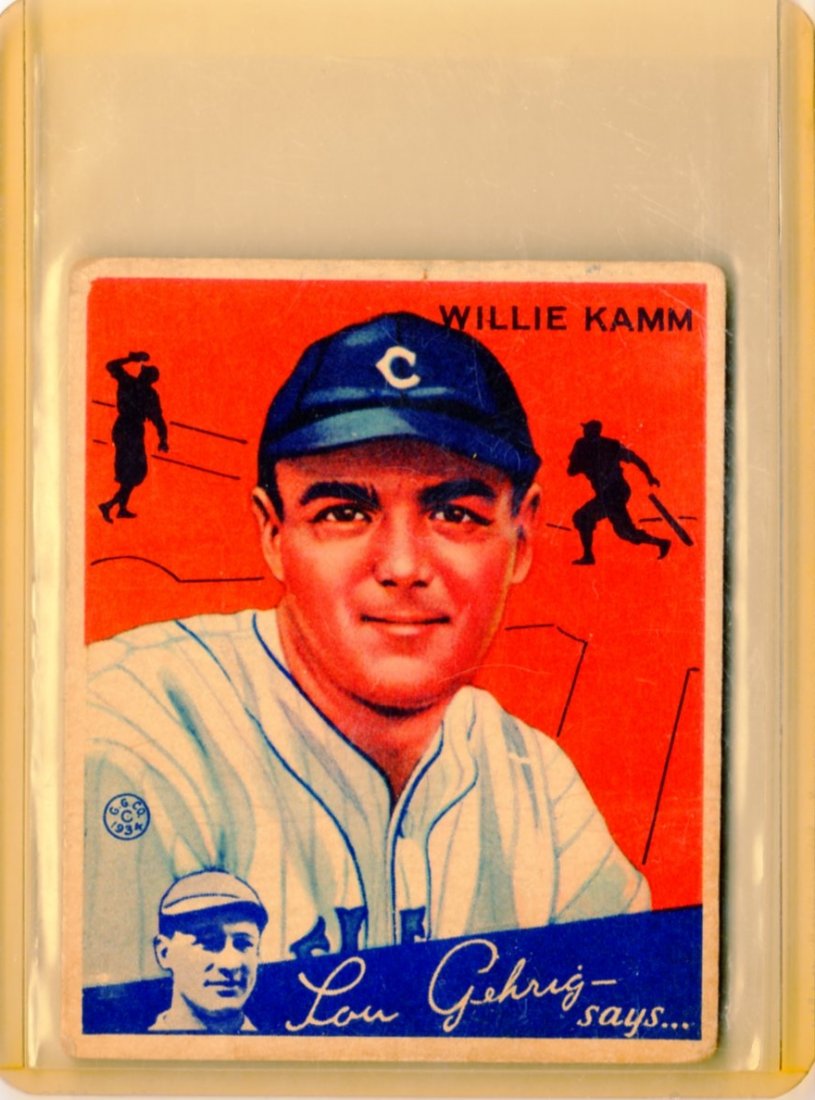 1934 Willie Kamm #14 Goudey 3rd Base Indians: 1934 Willie Kamm #14 Goudey 3rd Base Indians Centered and nice color shows handling and wear on front some corner damage back has a couple of paper issues in the form of tears that don?t affect the pl