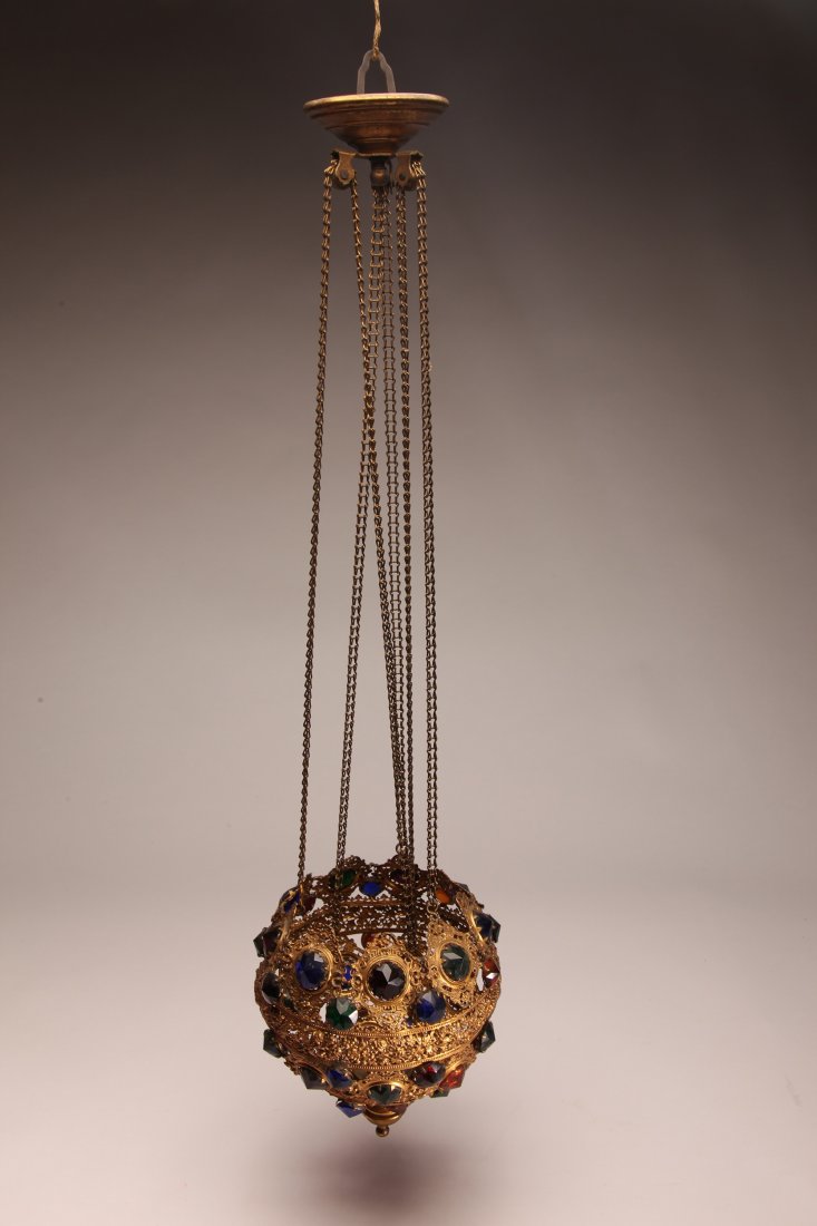 Victorian Hanging Gilt Copper and Jeweled Lantern (1 of 4)