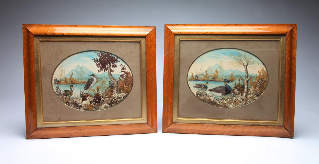 Pair of Folk Art Watercolor and Feather Paintings (1 of 2)