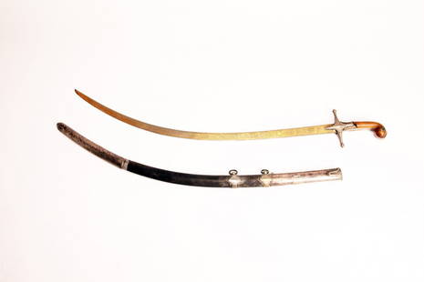 Ottoman Islamic Sword: Ottoman Empire, c. 1800 or earlier; A fine Ottoman sword (shamshir) with extensive applied gold decoration to blade including prayers and cartouches probably with owner's name (?). Engraved quillon an